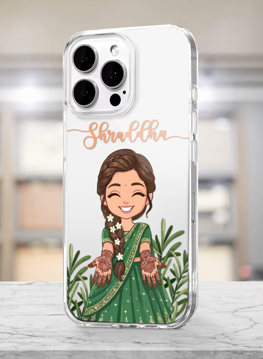 Custom UV-printed clear silicone phone cover with Indian girl in green saree, mehndi hands and script name text