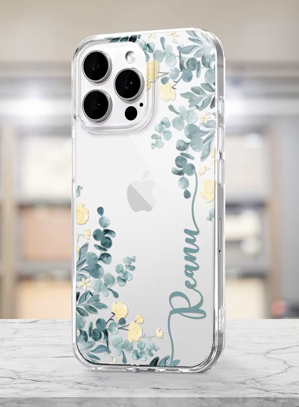 Custom Name Eucalyptus Floral Clear Silicone Phone Cover