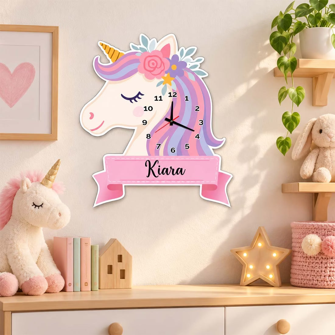 Personalized unicorn acrylic wall clock with custom name mounted on kids room wall – Fashionury