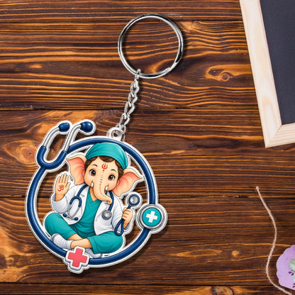 Doctor Ganesha acrylic keychain with stethoscope design and metal ring – gift for doctors by Fashionury