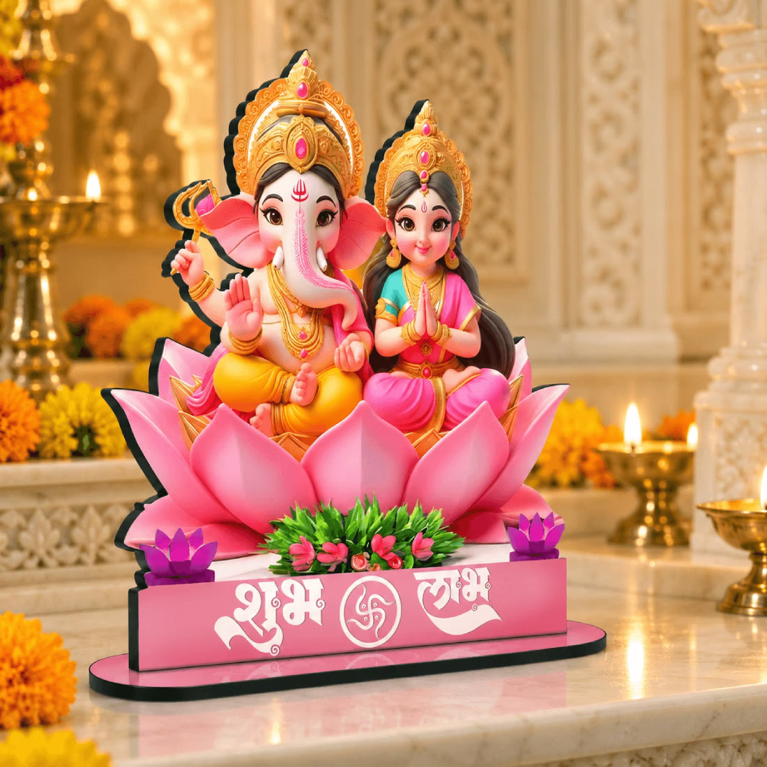 Shubh Labh Lakshmi Ganesha MDF standee on pink lotus with cut-out base – Diwali decor by Fashionury