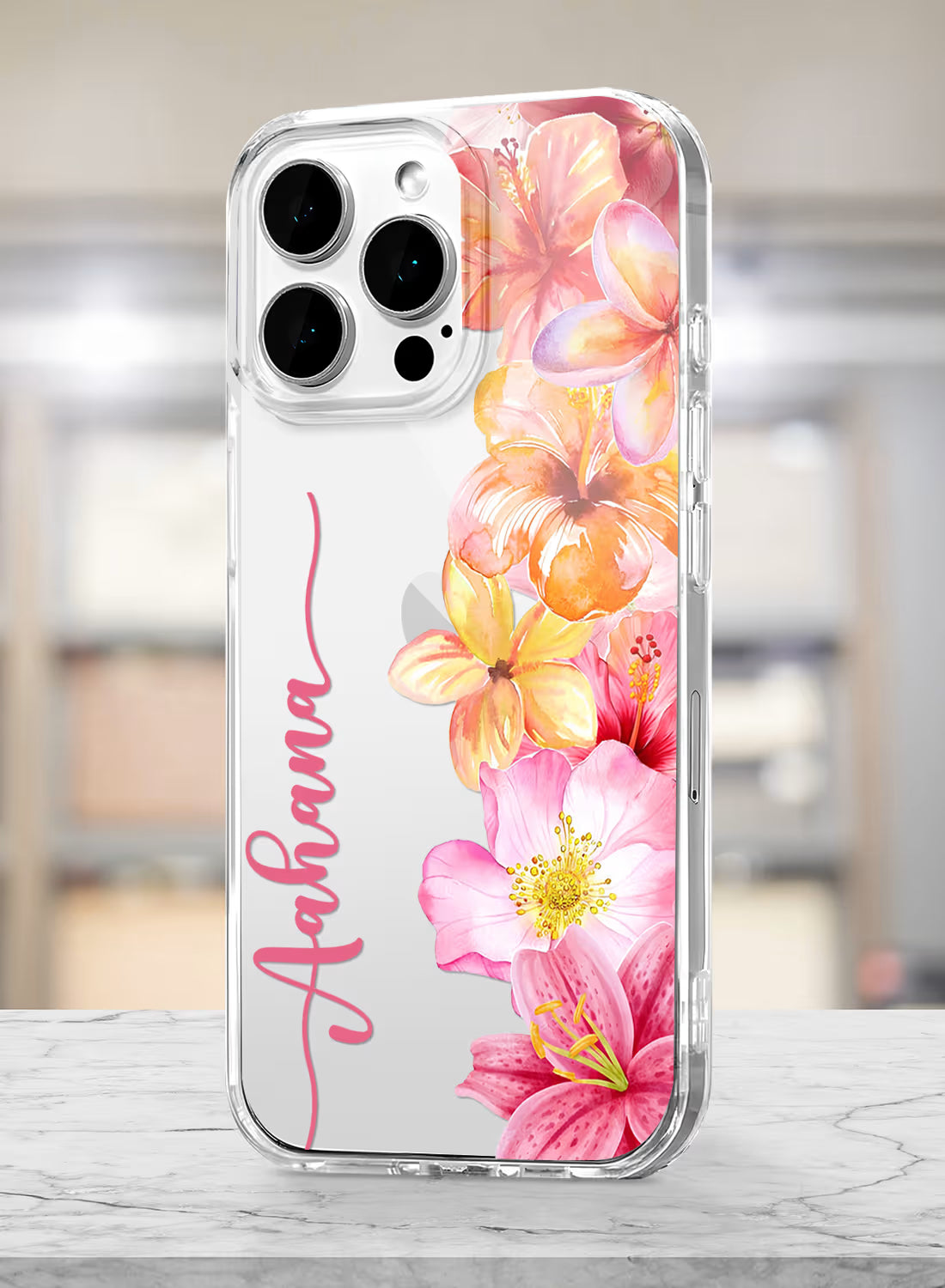 Custom name Aahana printed on clear silicone phone cover with tropical hibiscus floral design