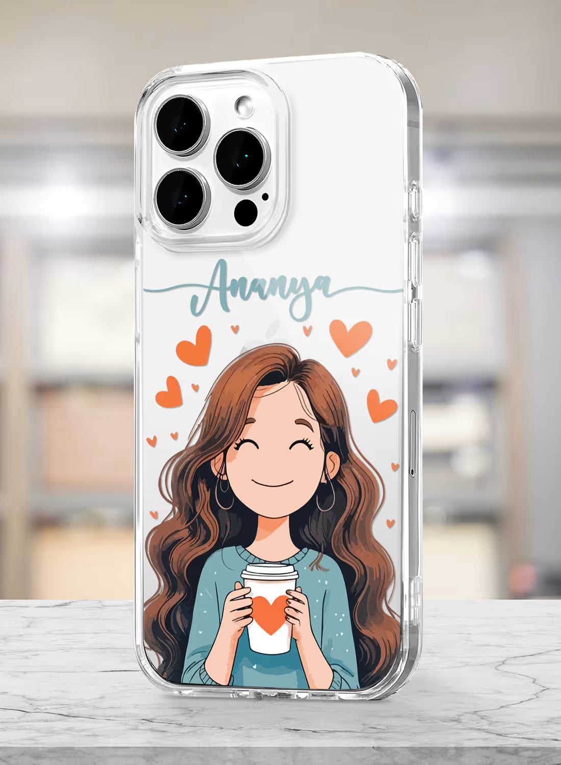 Custom UV-printed clear silicone phone cover with happy girl holding coffee cup, hearts and script name text
