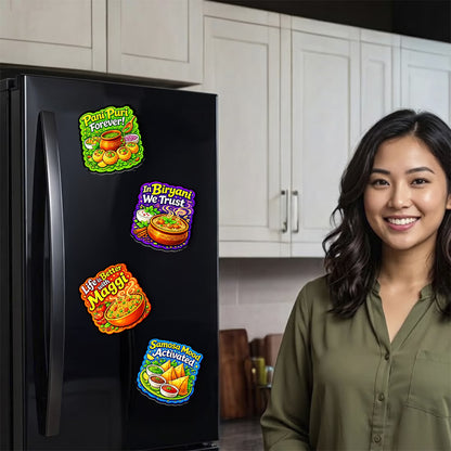 Desi foodie MDF fridge magnet set of 4 with Biryani, Pani Puri, Maggi and Samosa designs – Fashionury