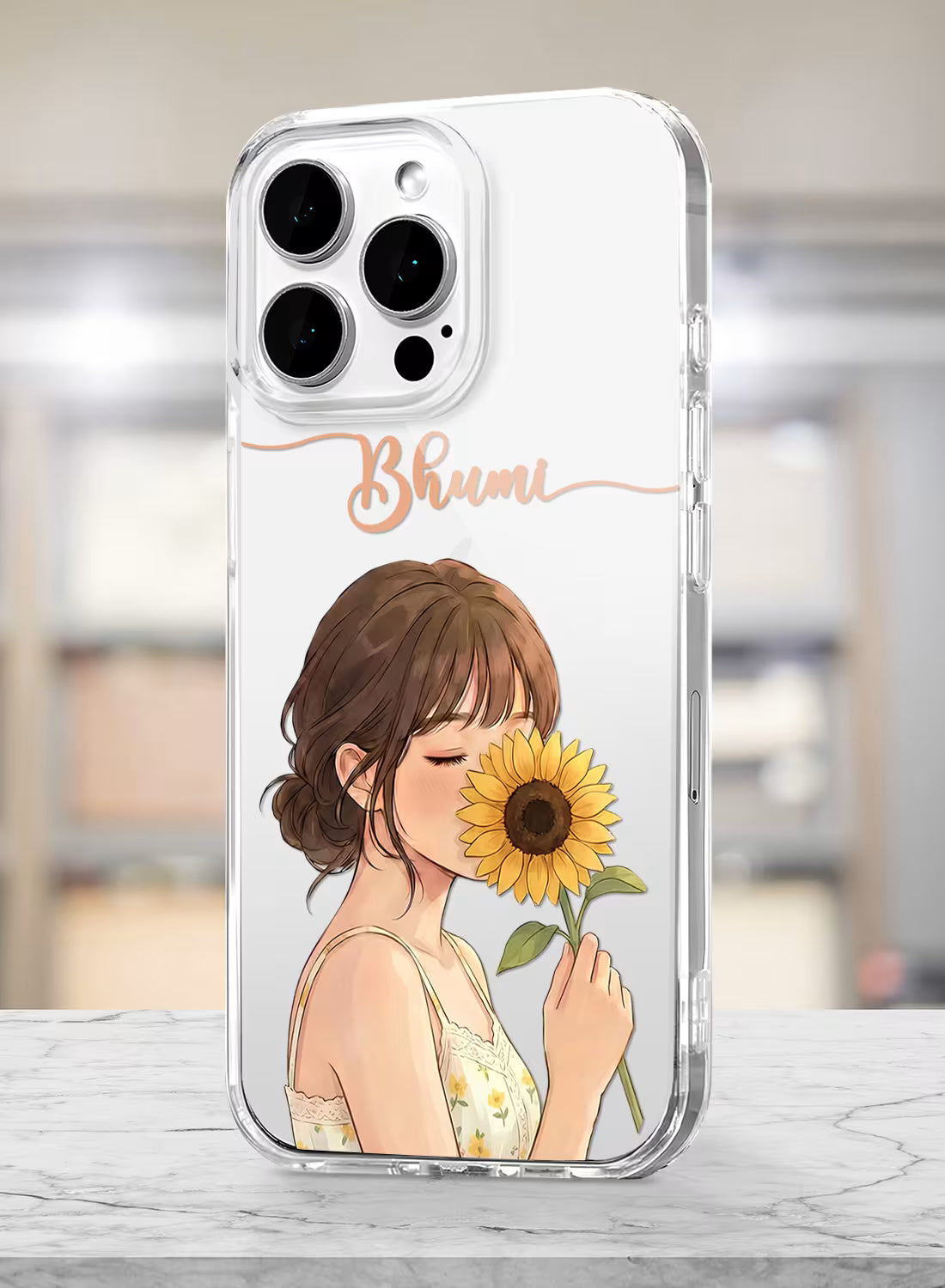 Custom clear silicone phone cover with anime girl holding sunflower and personalized script name text design