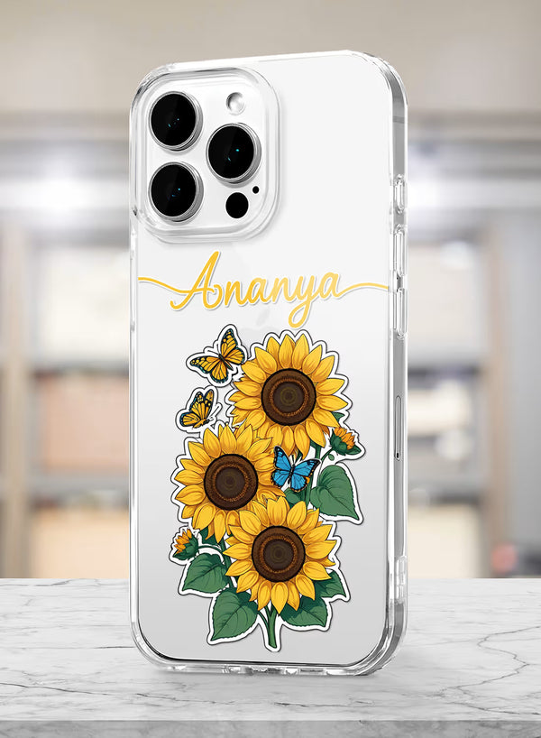 Custom Name Sunflower Butterfly Clear Silicone Phone Cover