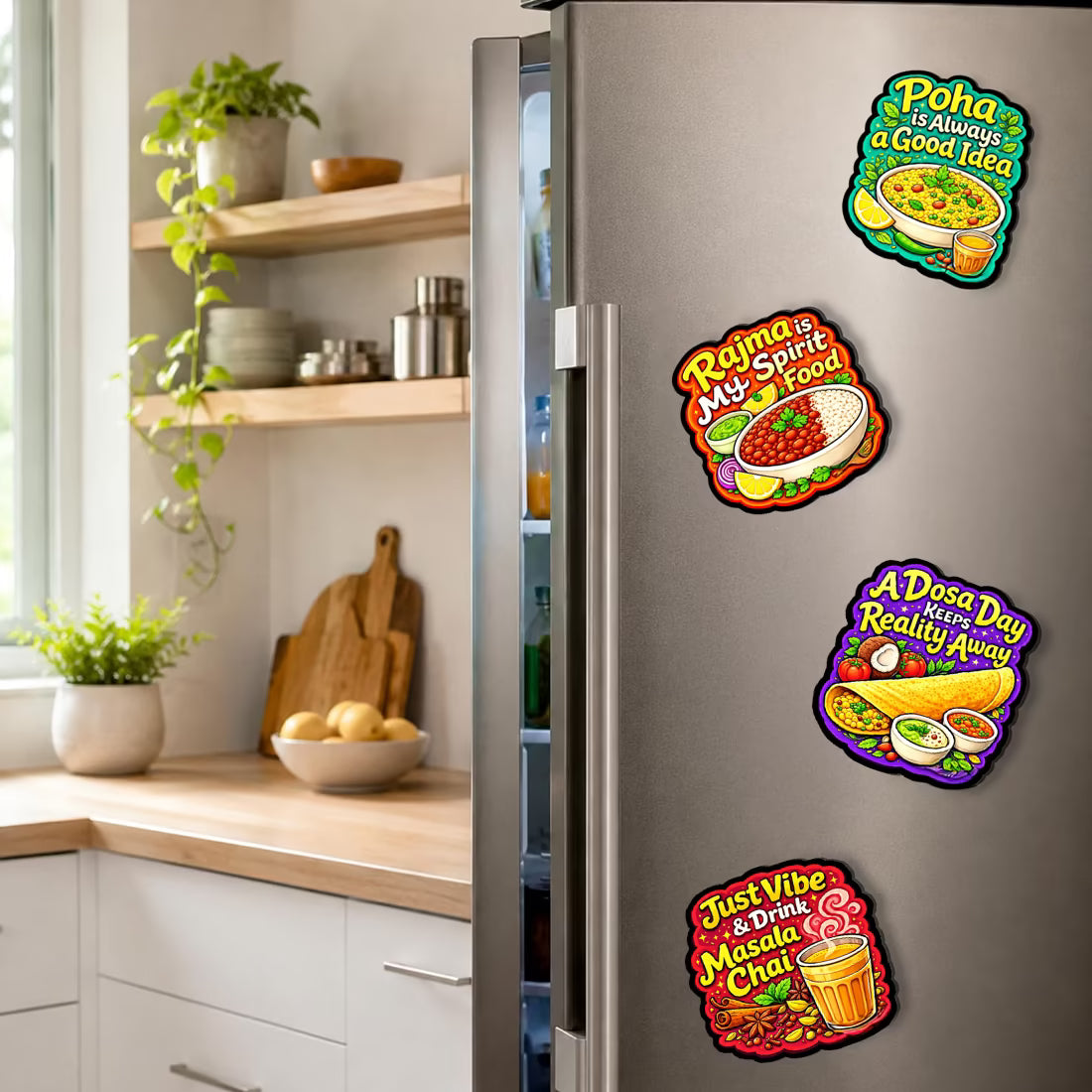 Desi comfort food MDF fridge magnet set of 4 with Rajma, Poha, Masala Chai and Dosa designs – Fashionury