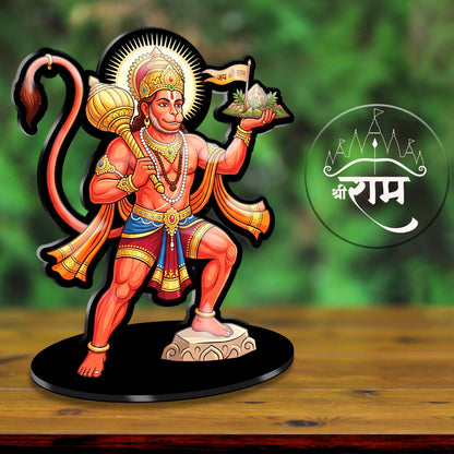 Lord Hanuman acrylic standee with Sanjeevani Parvat and Jai Shri Ram flag on black base – Fashionury