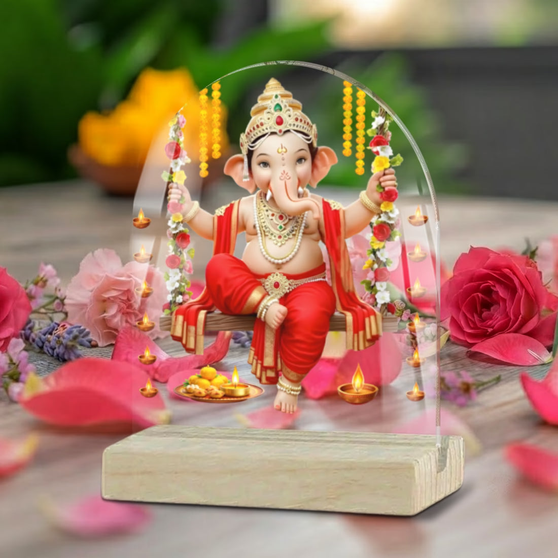 Lord Ganesha on floral swing arch acrylic tabletop frame with wooden base – Ganesh Chaturthi decor by Fashionury