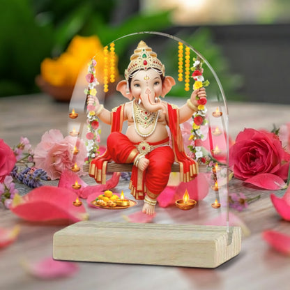 Lord Ganesha on floral swing arch acrylic tabletop frame with wooden base – Ganesh Chaturthi decor by Fashionury