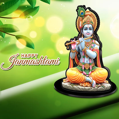 Lord Krishna acrylic standee playing flute with peacock feather crown on black base – Fashionury