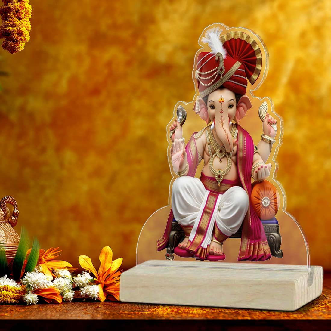 Lord Ganesha Maharaja with red pheta acrylic tabletop frame cut-out design – Ganesh Chaturthi decor by Fashionury