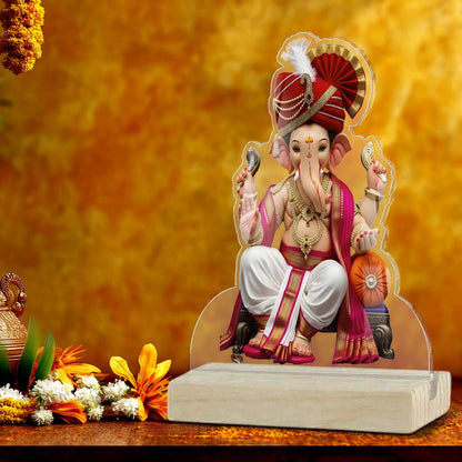 Lord Ganesha Maharaja with red pheta acrylic tabletop frame cut-out design – Ganesh Chaturthi decor by Fashionury