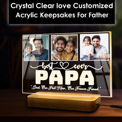 Personalised Best Ever Daddy 3 photo acrylic LED lamp with family pictures on wooden base for Father's Day gift

