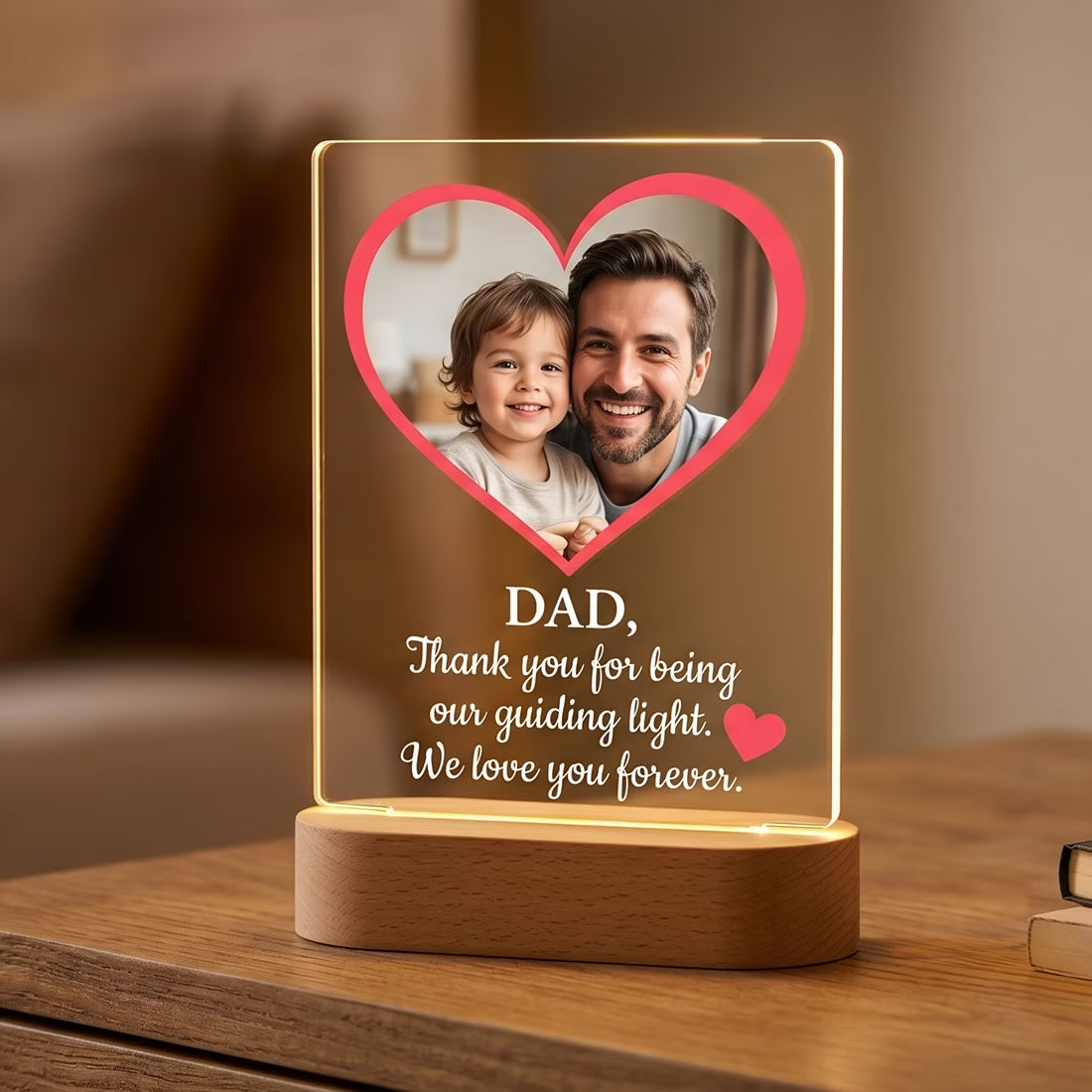 Side view of Personalised Dad heart photo acrylic LED lamp with father child portrait and quote