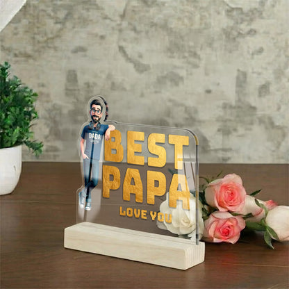 Side View of Personalised Best Papa Love You caricature acrylic plaque with cartoon portrait on wooden base for Father's Day gift
