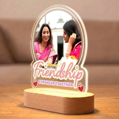 Side View of Friendship Stronger Together acrylic LED photo lamp with bestie duo portrait