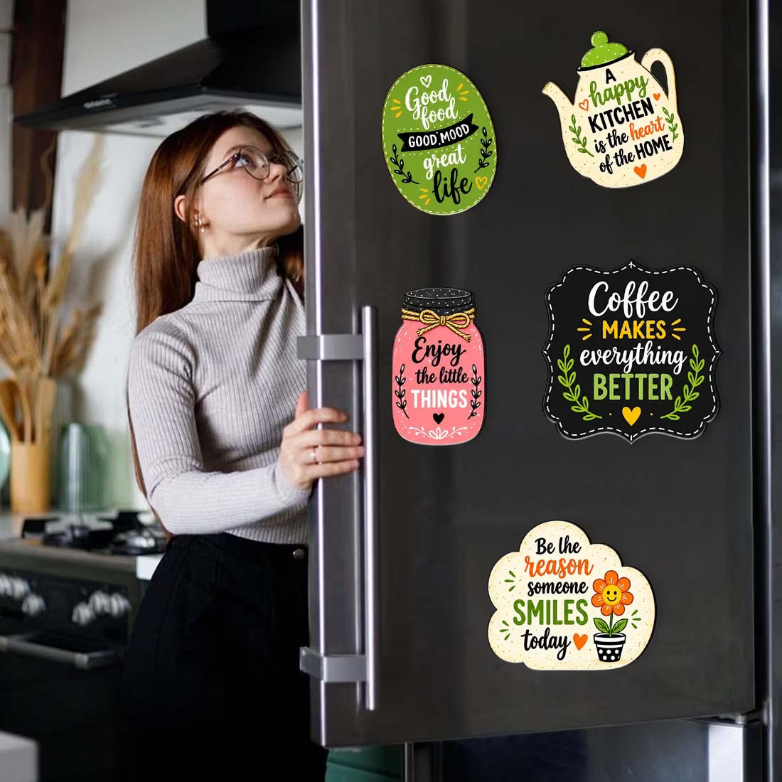 Positive quotes MDF fridge magnet set of 5 with mason jar, teapot and kitchen quote designs – Fashionury