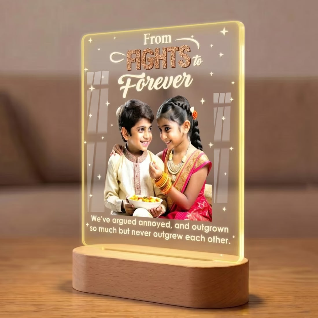 Side View From Fights to Forever acrylic LED photo lamp with sibling portrait and quote