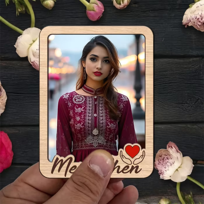 Meri Bhen custom photo wooden fridge magnet with script and red heart accent