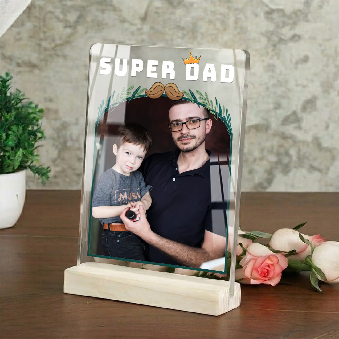 Personalised Super Dad acrylic photo plaque with father and daughter photo on wooden base for Father's Day gift
