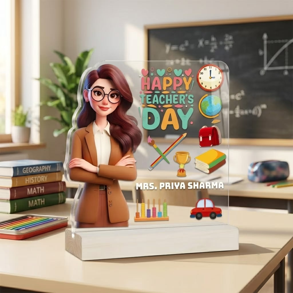 Personalized Teachers Day acrylic plaque for madam with custom name and female teacher cartoon design – Fashionury