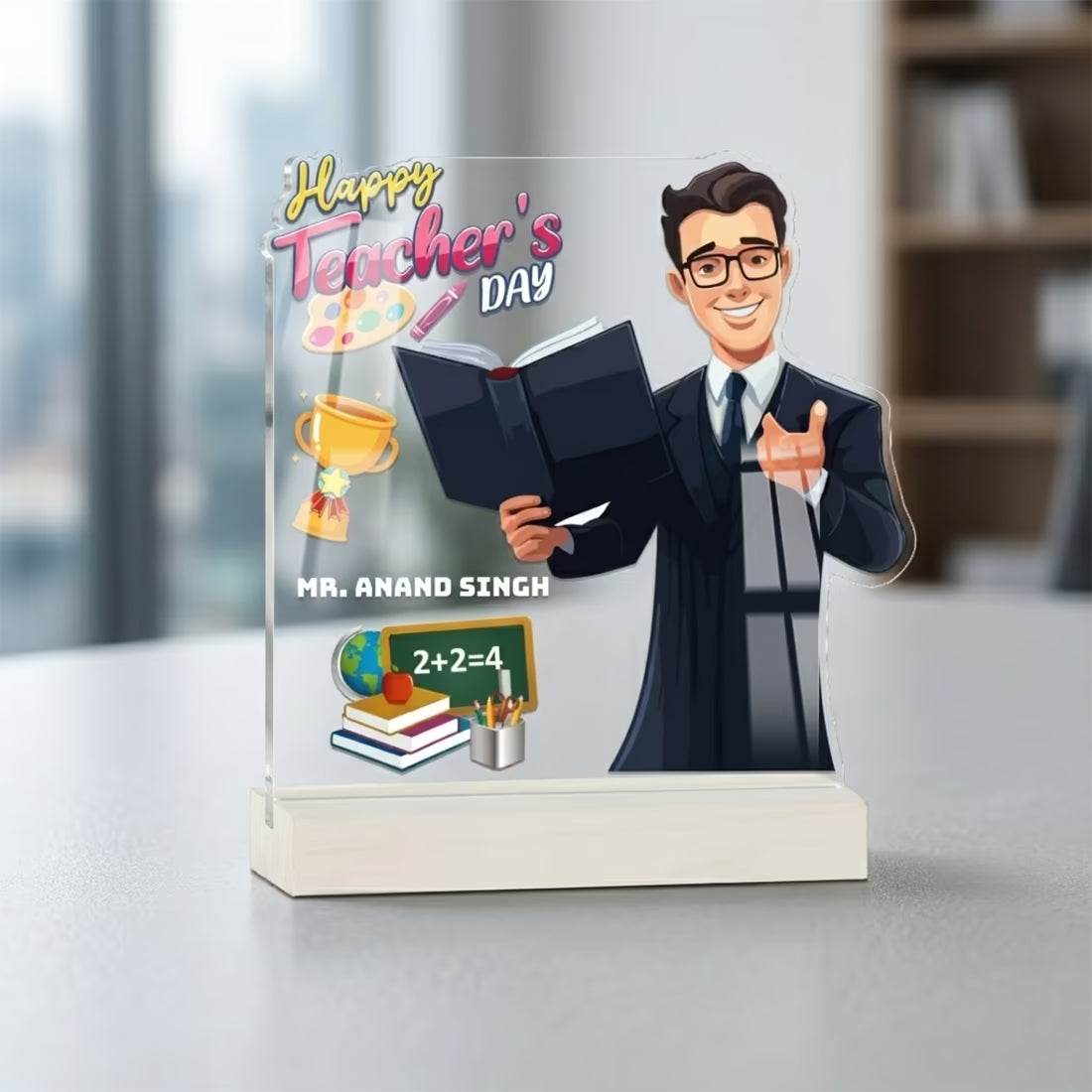 Personalized Teachers Day acrylic plaque for sir with custom name and male teacher cartoon design on wooden base – Fashionury