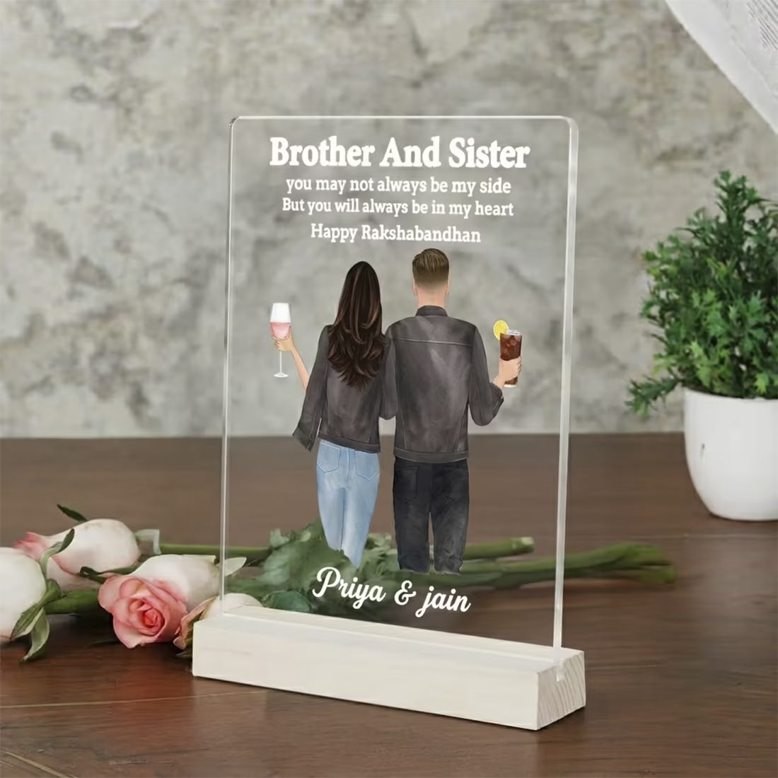 Custom acrylic photo frame with Richa and Rahul names, brother and sister quote for Rakhi gift