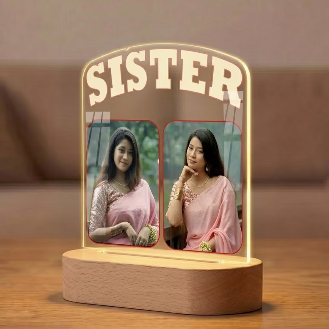 Side View of Sister custom 2 photo acrylic LED lamp with bold typography on wooden base