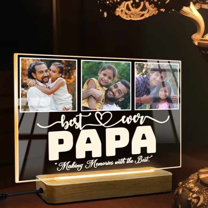 Personalised Best Ever Daddy 3 photo acrylic LED lamp with family pictures on wooden base for Father's Day gift

