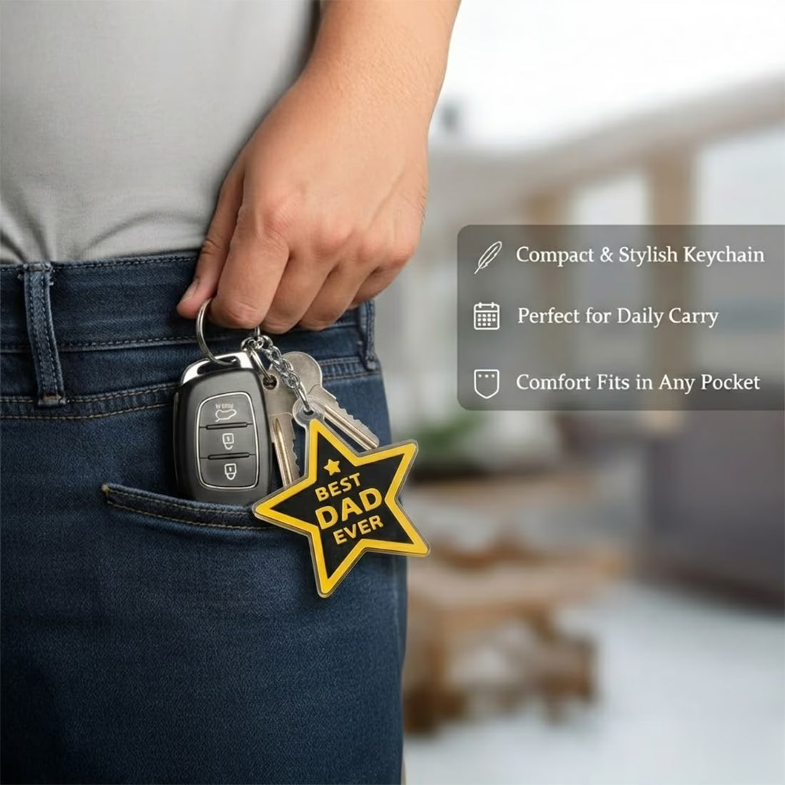 Best Dad Ever star shape acrylic keychain with golden text and metal ring

