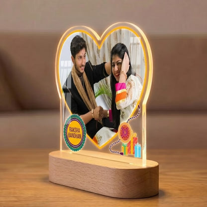 Side View of Happy Raksha Bandhan heart photo acrylic LED lamp with brother sister portrait