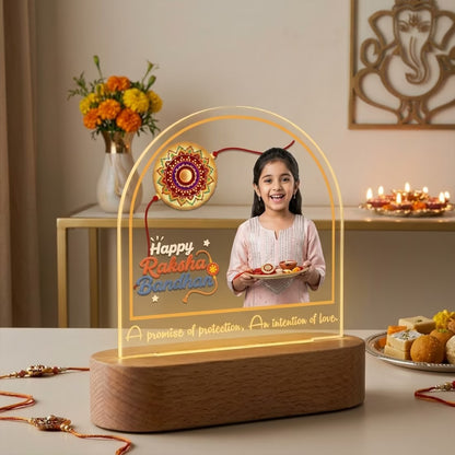 Side View of Happy Raksha Bandhan custom photo acrylic LED lamp with Rakhi motif and quote