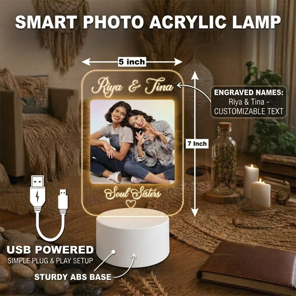 Fashionury Custom Soul Sisters Photo Acrylic LED Lamp with Custom Names Engraving and Warm White Round Base