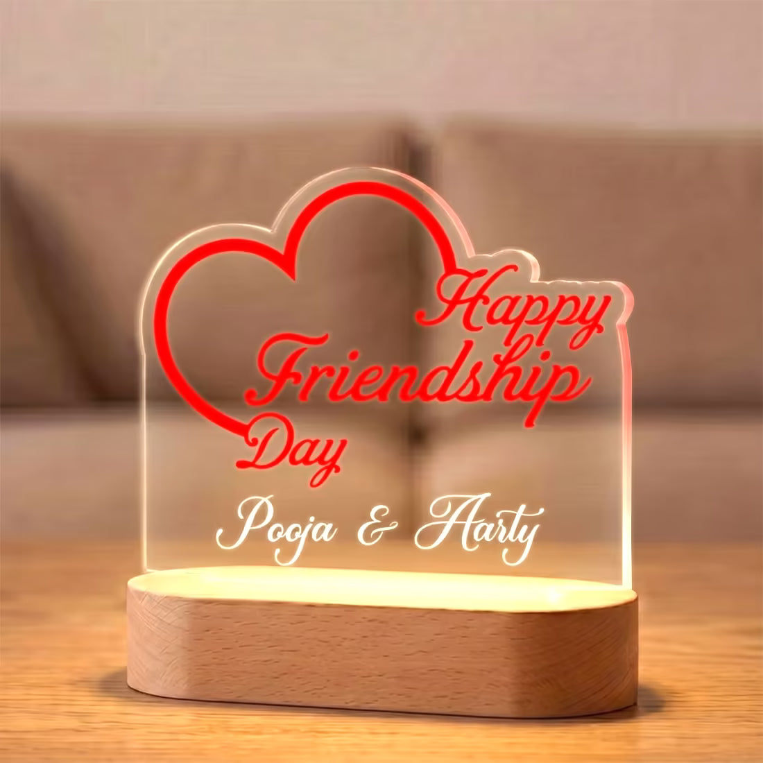 Side angle of Happy Friendship Day acrylic LED lamp with heart design and custom bestie names