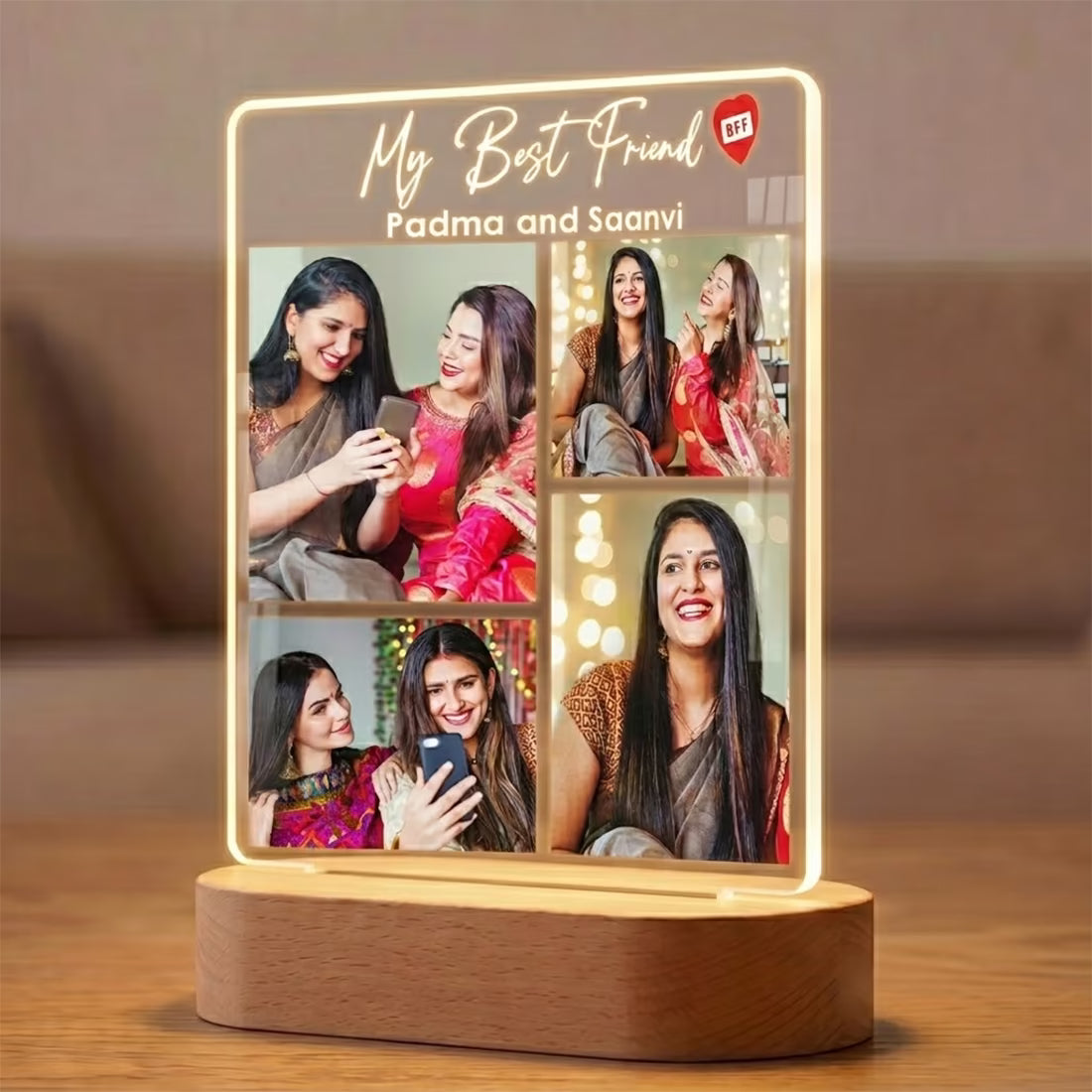 Side View of My Best Friend acrylic LED lamp with four photo collage and BFF names