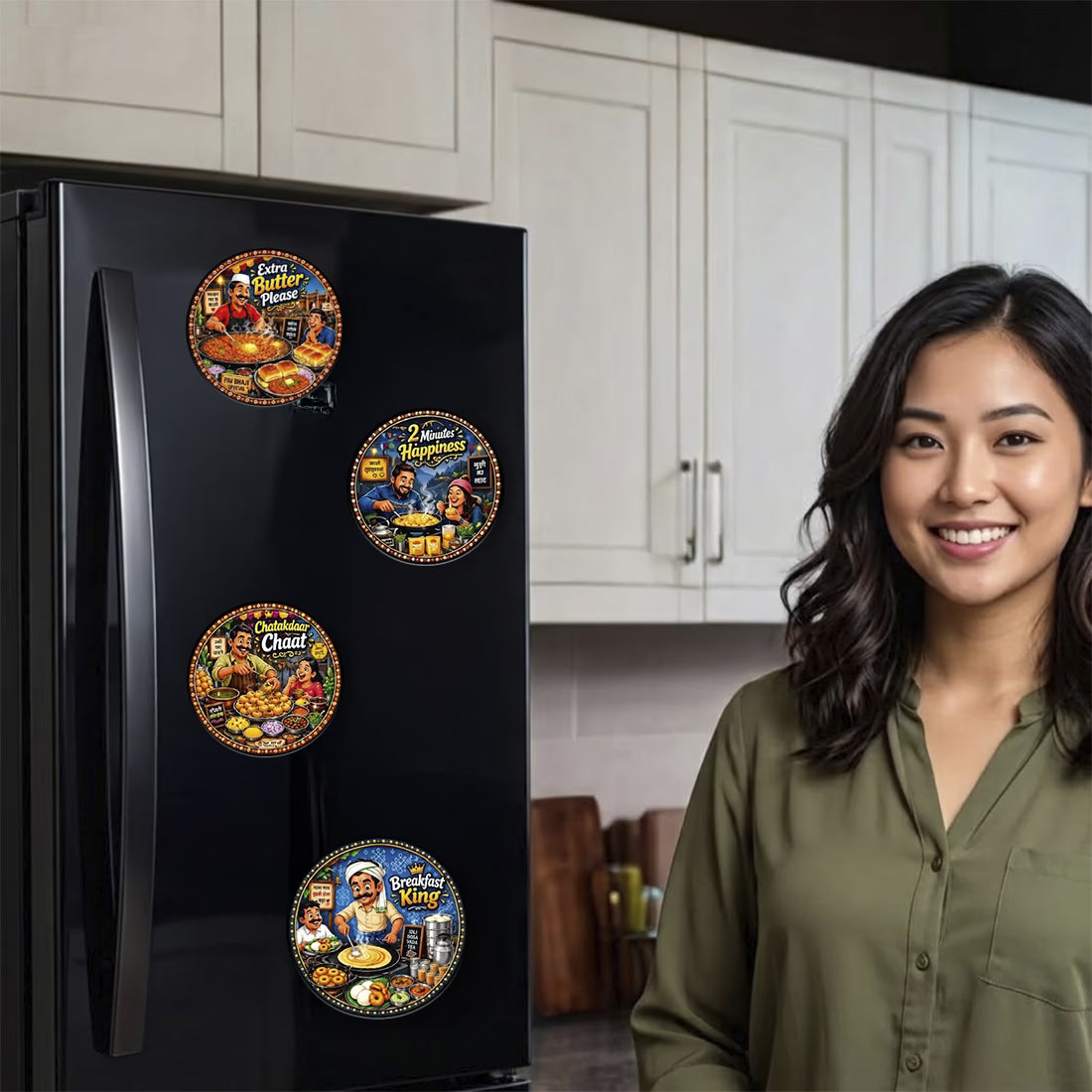 Indian street food MDF fridge magnet set of 5 with Maggi, Pav Bhaji, Chaat, Chole Bhature and Dosa designs – Fashionury