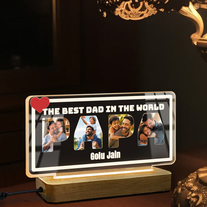 Personalised PAPA letter photo acrylic LED lamp with 4 family pictures, name and quote on wooden base for Father's Day gift
