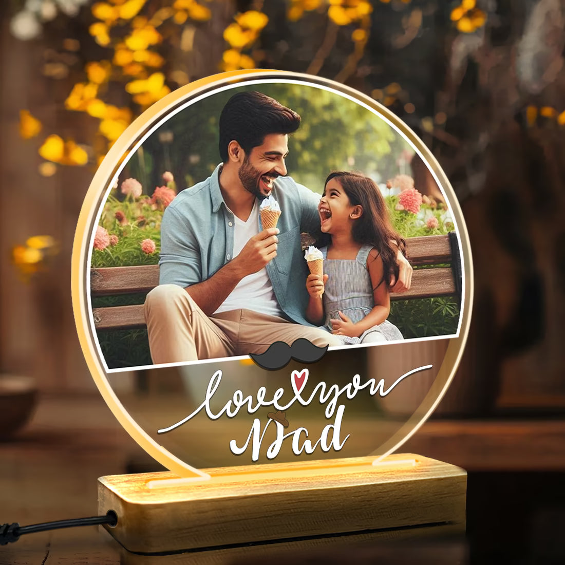 Personalised Love You Dad round acrylic LED photo lamp with father and child picture on wooden base for Father's Day gift

