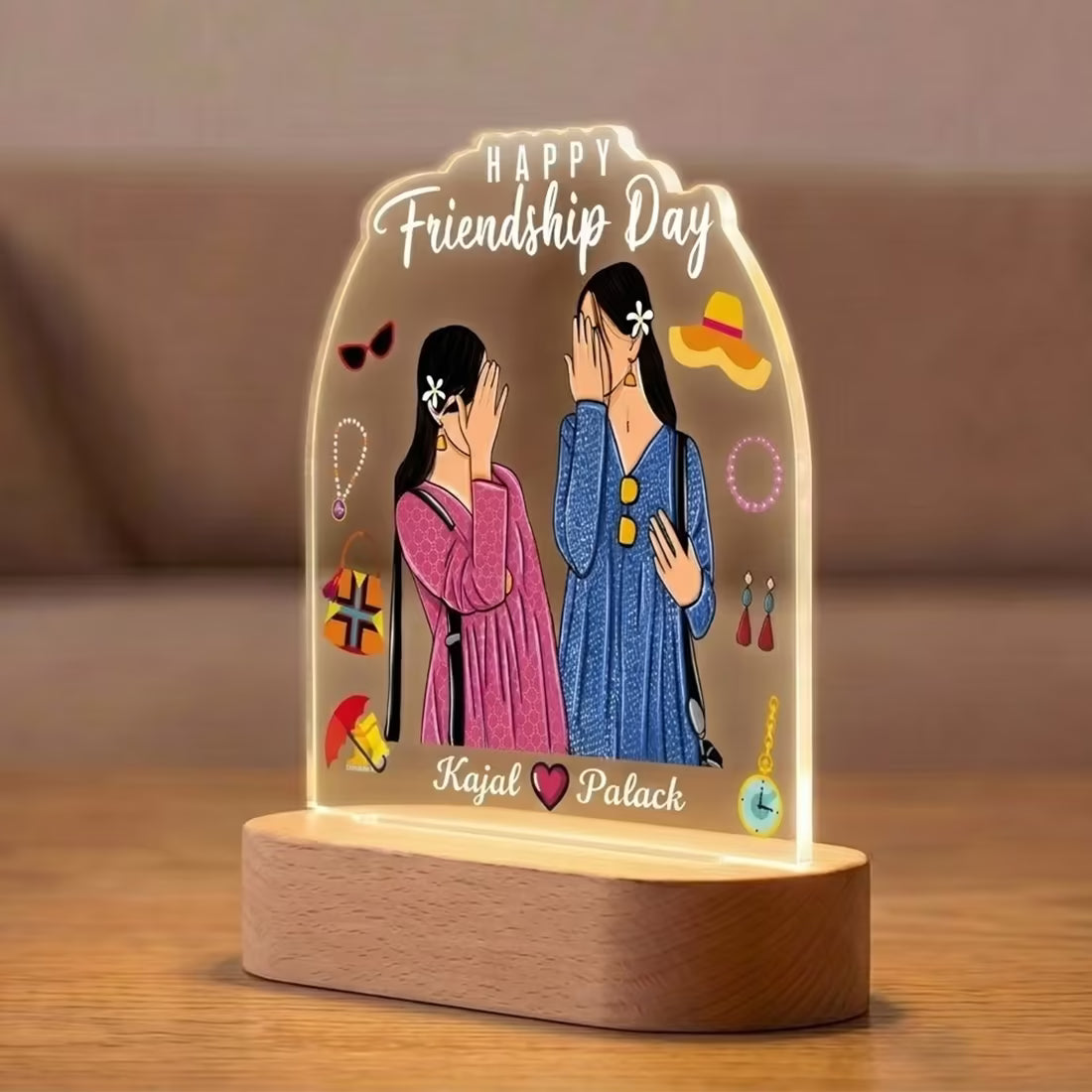 Happy Friendship Day acrylic LED lamp with bestie duo illustration and names