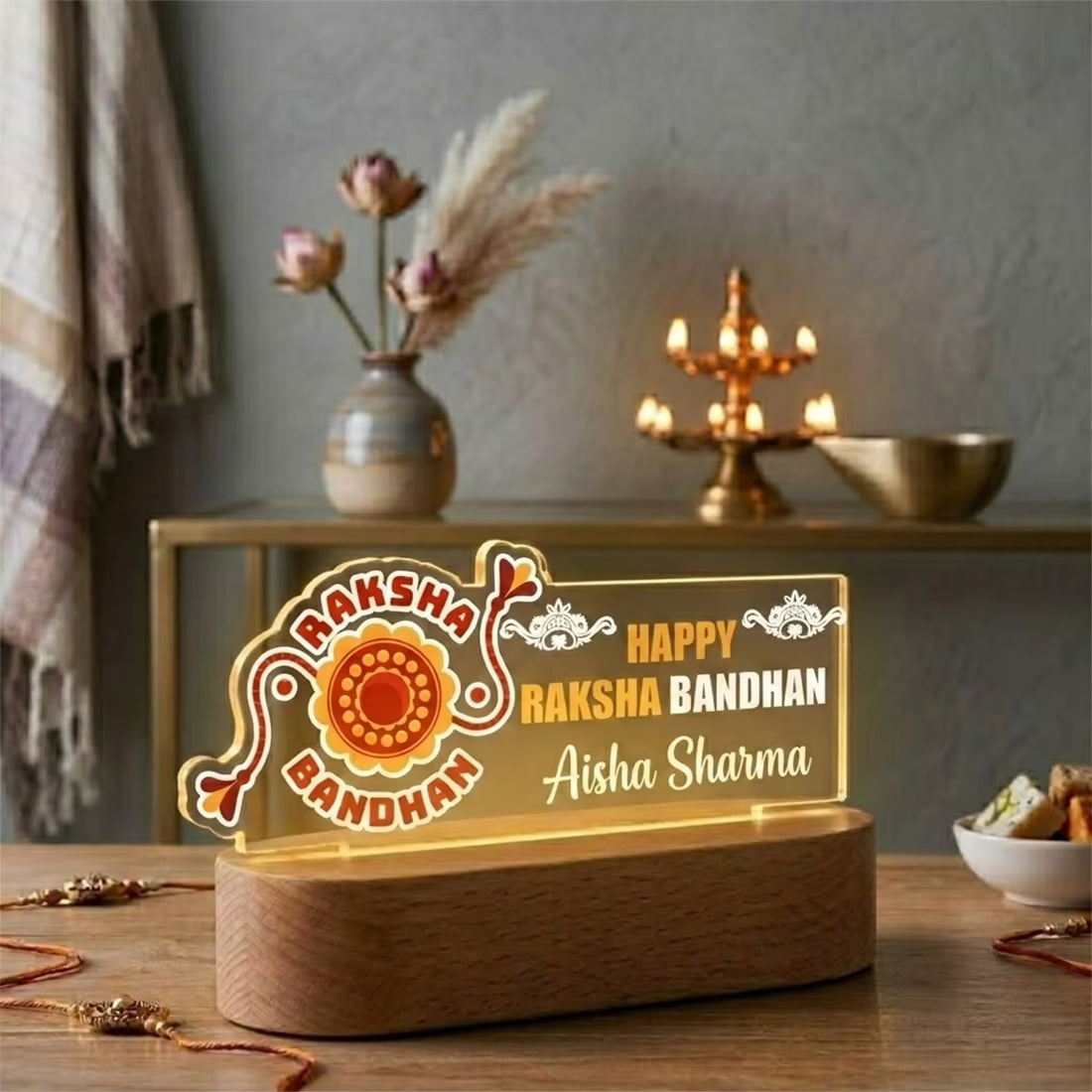 Happy Raksha Bandhan acrylic LED lamp with custom name and festive Rakhi motif