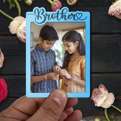 Brother custom photo wooden fridge magnet with laser-cut script and blue wave design