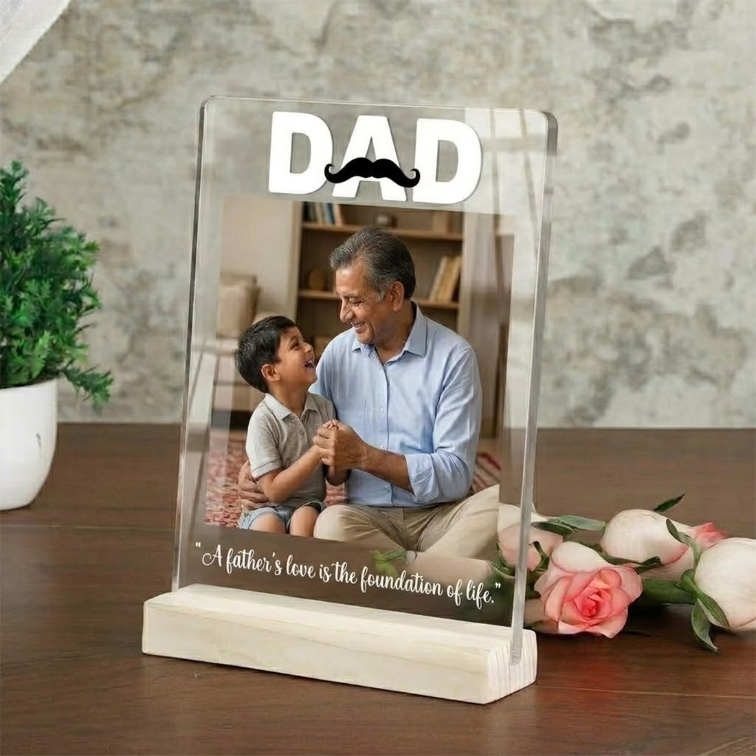 Personalised DAD acrylic photo plaque with father and son photo on wooden base for Father's Day gift