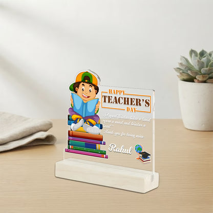 Personalized Happy Teachers Day acrylic plaque with custom name, quote and cartoon design on wooden base – Fashionury