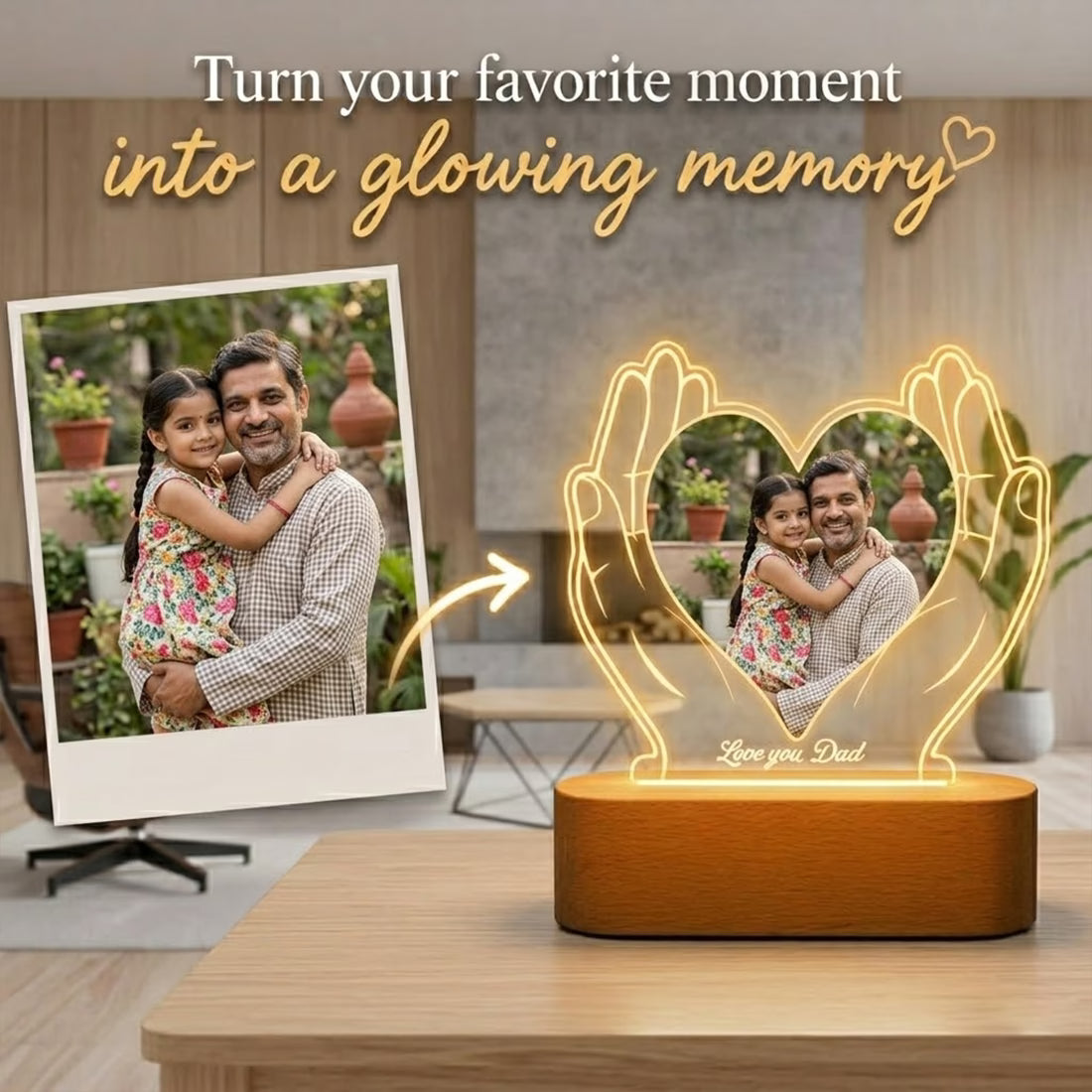 Love You Dad hand heart acrylic LED photo lamp with father daughter portrait

