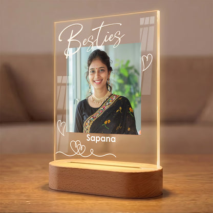 Side View of Besties' custom photo acrylic LED lamp with two friends' portraits and names