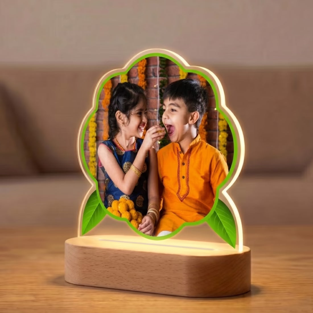 Raksha Bandhan custom photo acrylic LED lamp with floral cut and wooden base