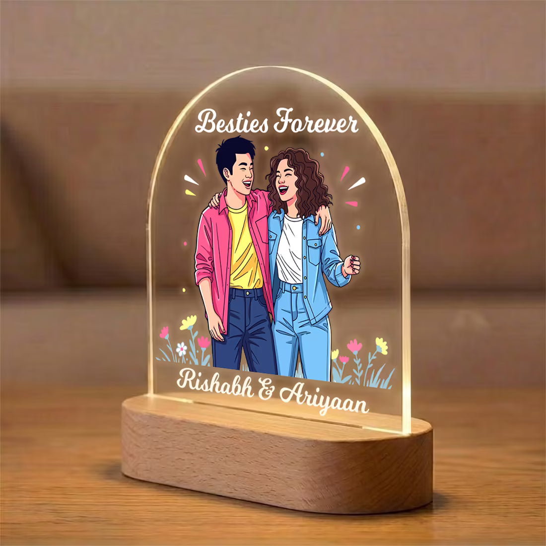 Besties Forever acrylic LED lamp with bestie duo illustration and custom names