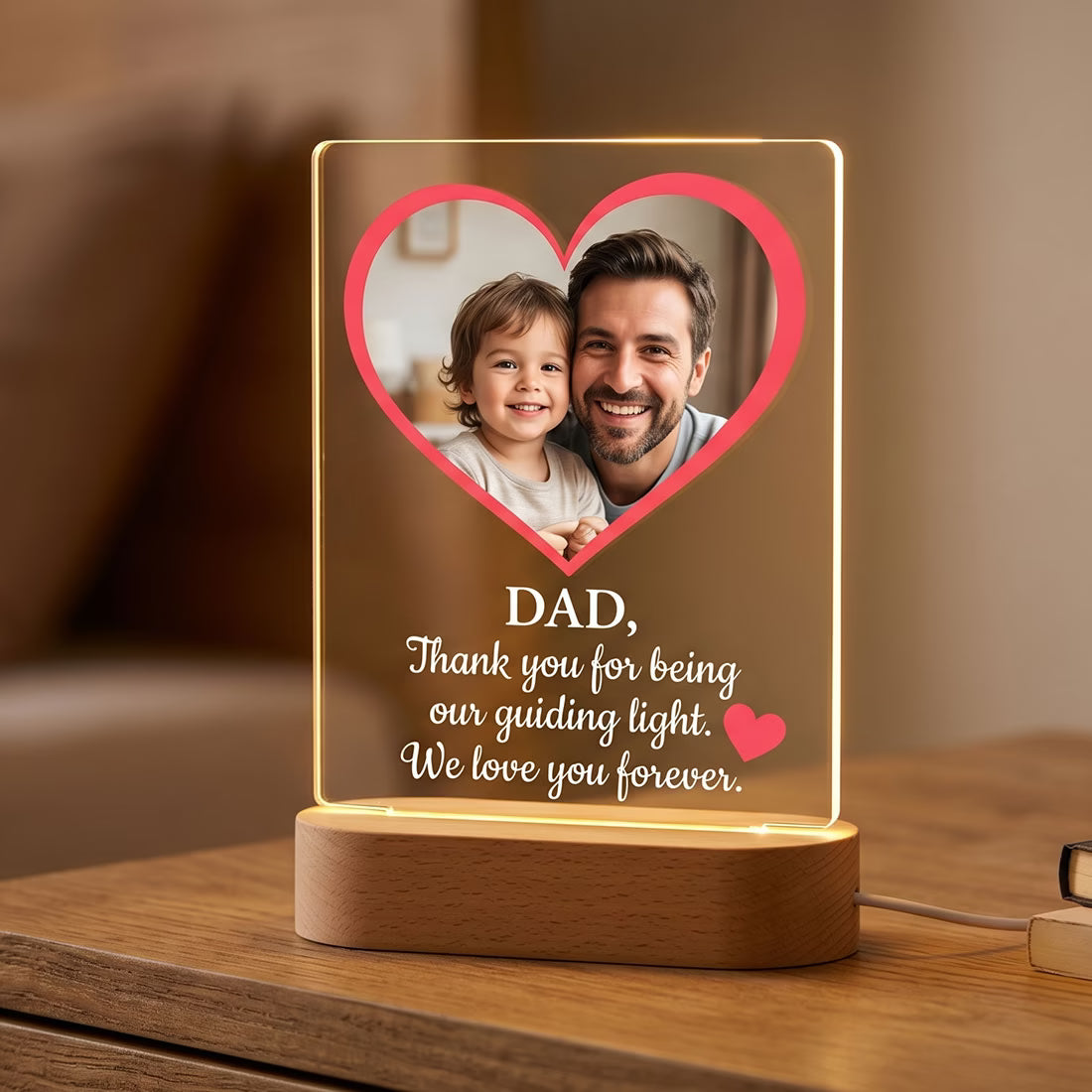 Side view of Personalised Dad heart photo acrylic LED lamp with father child portrait and quote