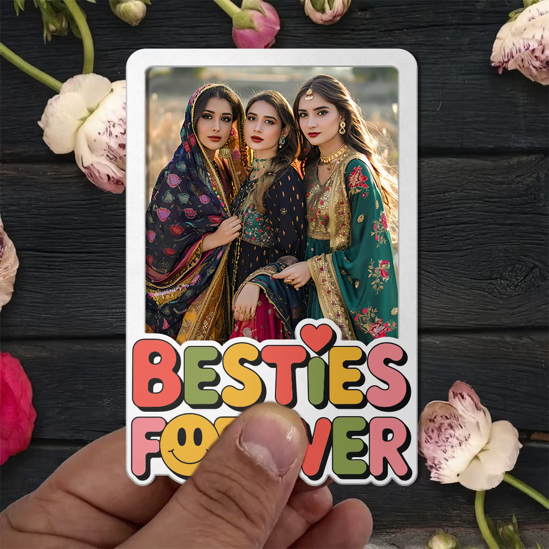 Besties Forever custom photo wooden fridge magnet with retro typography and smiley